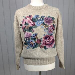Vintage 90s Eddie Bauer Wool Blend Floral Pullover CottageCore Sweater Medium